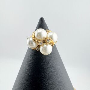 Vintage Gold-Tone Faux Pearl Cluster Ring Rhinestones • Retro Cocktail Glam